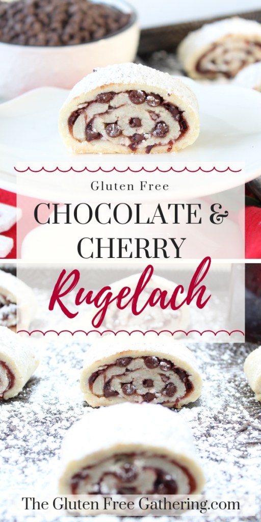 These little bundles of light and flaky crust are filled with cherry preserves and chocolate chips. Dusted with powdered sugar, these gluten free chocolate cherry rugelach must find their place in your Christmas cookie lineup. #glutenfree #glutenfreecookies #glutenfreechristmas #glutenfreerugelach #rugelach #glutenfreebaking