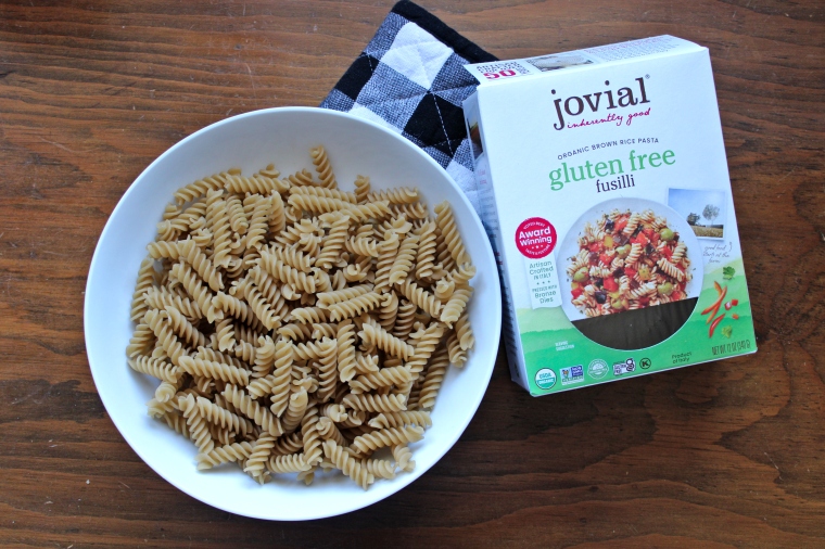 Jovial gluten free fusilli pasta in a bowl